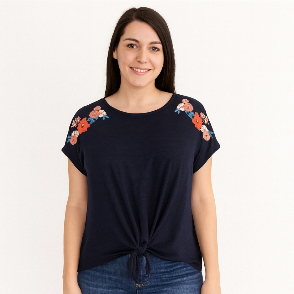W5 Navy Embroidered Tie Front Womens Top Sz Lg